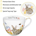 20 oz Rabbit Coffee Hug Mug, Spring Flowers & "Happy Days" Slogan, Premium Bone China Cute Bunny Mug, Perfect Holiday and Birthday Gift for Women, Designed in England by Harvest Green Studio