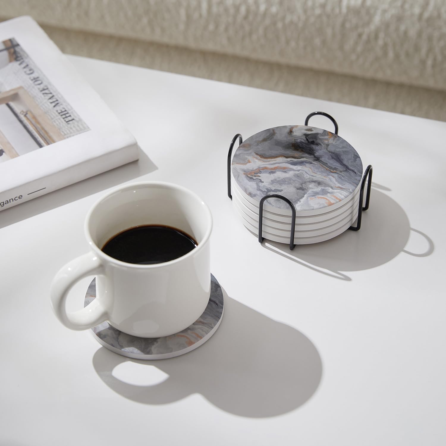 Set of 6 Abstract Dark Blue Marble Coasters with Holder, Absorbent Ceramic Coasters for Drinks, Coasters with Cork Backing for Table Protection, Housewarming Gifts for New Home