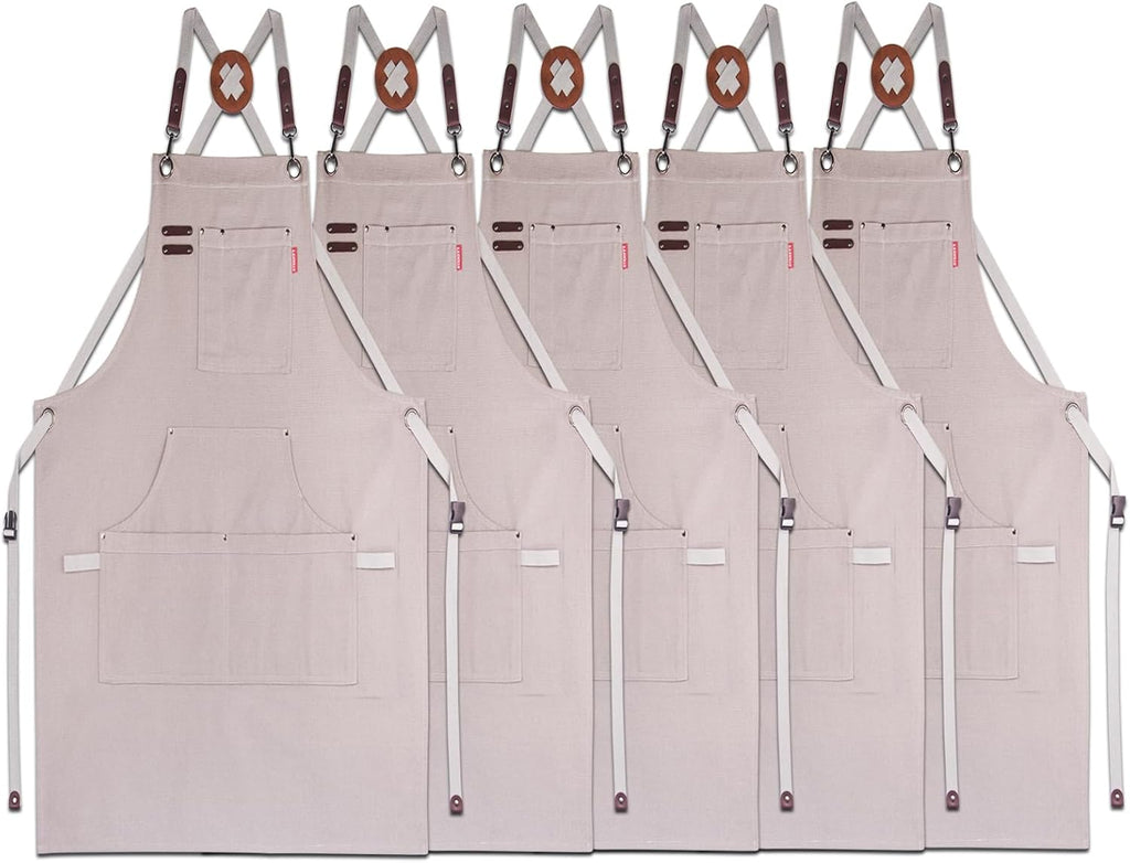 5 Pack Kitchen Apron, Work Apron, Canvas, Multiple Pockets, Gardening, Painting, BBQ, Artist, Carpenter, Sizes M to XXL, Grey