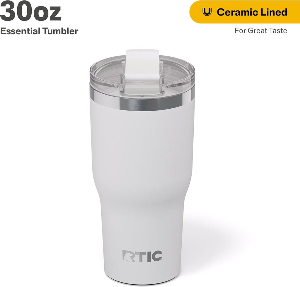 RTIC 30oz Essential Tumbler with Lid, Insulated, Stainless Steel, Metal, Double Wall Vacuum-Insulation, Ceramic Lined, Travel Cup for Iced Coffee, Tea, Hot and Cold Drink, White