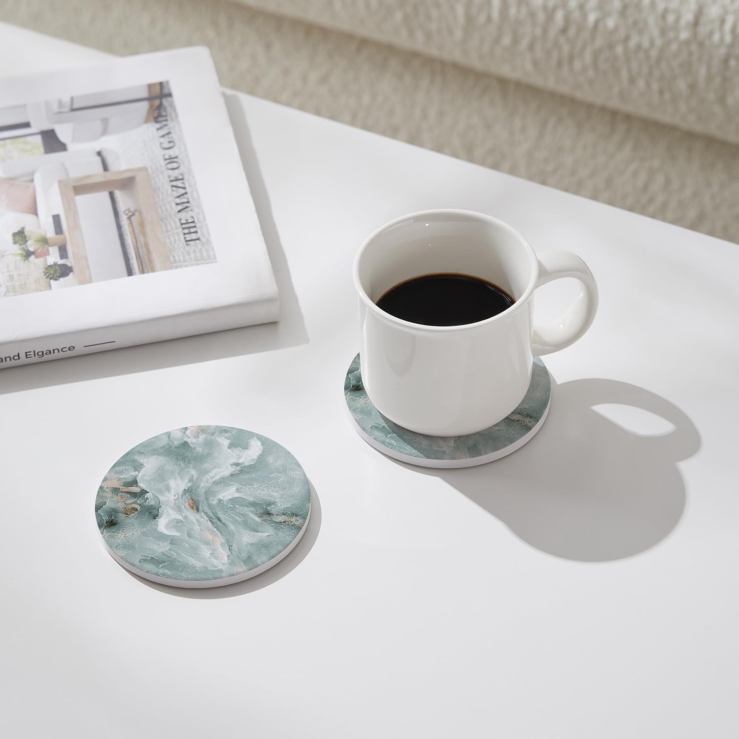 Set of 6 Abstract Marble Coasters with Holder, Absorbent Ceramic Coasters for Drinks, Coasters with Cork Backing for Table Protection, Housewarming Gifts for New Home