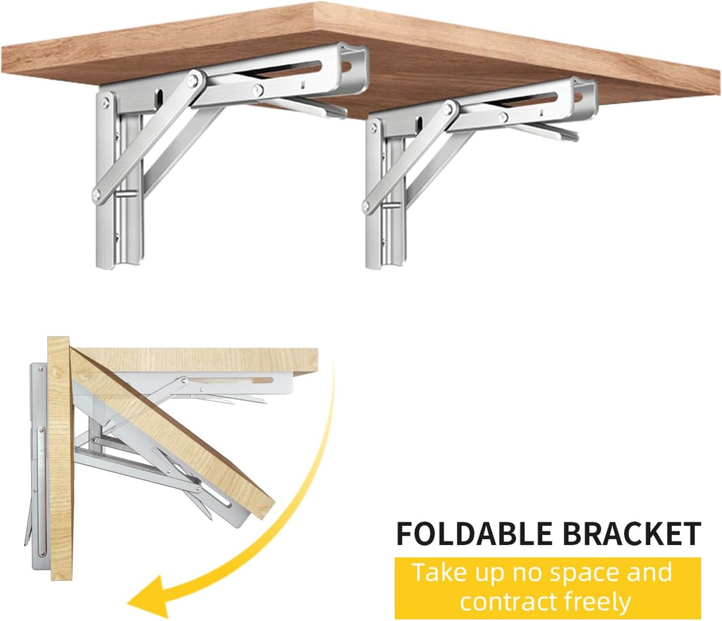 Folding Shelf Brackets Heavy Duty Stainless Steel – Wall Mounted Collapsible Table Bracket for DIY Workbench, RV Countertop, Kitchen Folding Desk 2 Pack