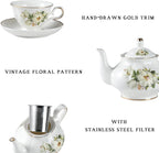 Sweejar Porcelain Tea Sets, Vintage British Floral Relief Gold Rimmed Teapot Cup and Saucer Set, Tea Set Service for 6, with Teapot, Sugar Bowl, Milk Jug, Spoons, Tea Cup and Saucer (Camellia)