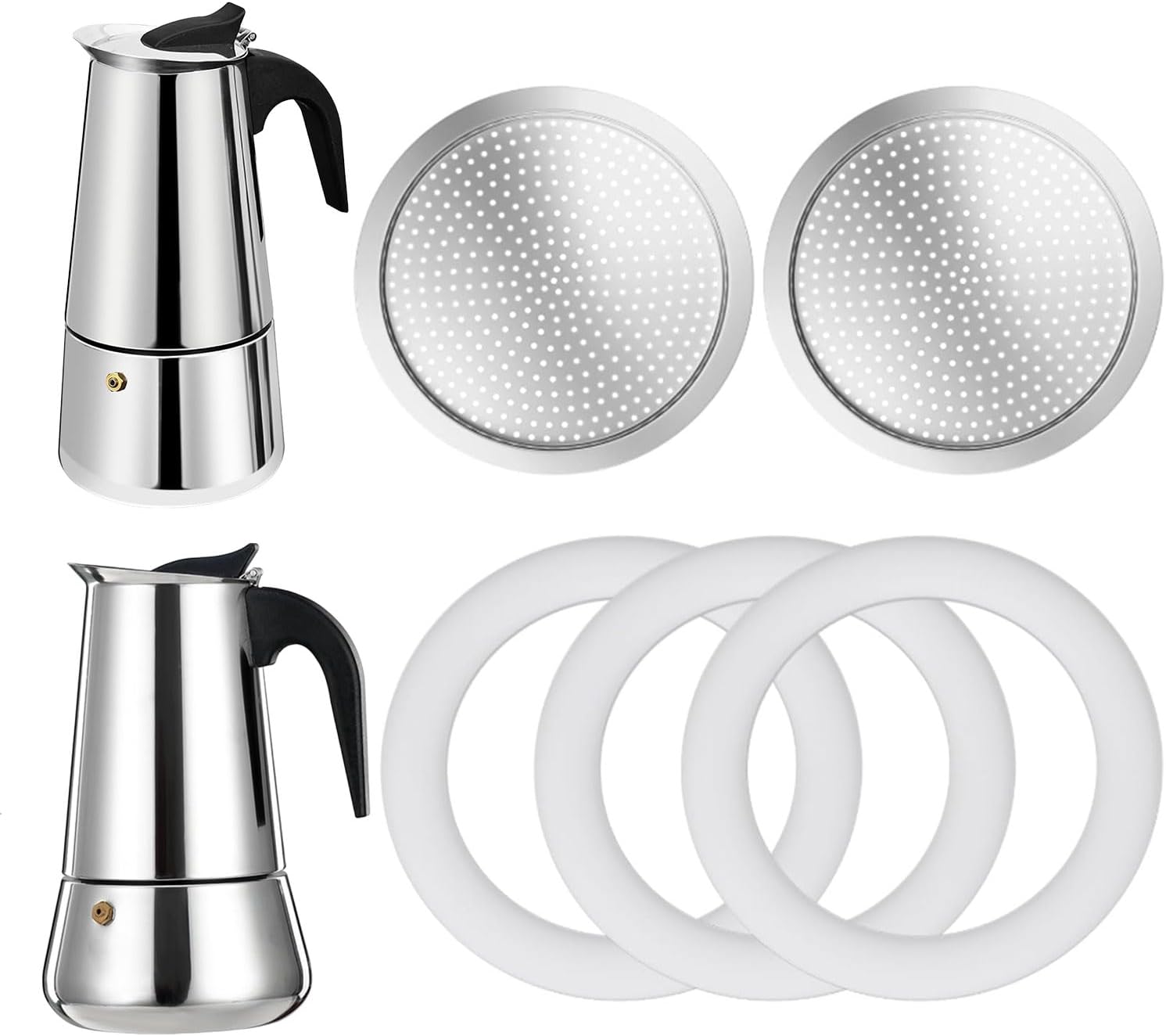 2 Pcs Filter with 3 Pcs Silicone Gasket Seals for 6 Cup Stovetop Espresso Coffee Maker Replacement Parts for Big Tummy and Straight Stainless Steel Moka Pot