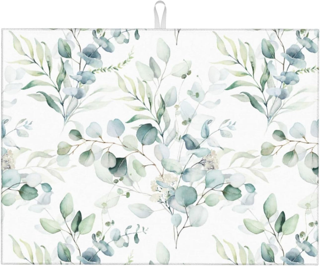 Sage Green Leaves Dish Drying Mat 18x24 inch for Kitchen Counter Watercolor Herbs Plant Kitchen Drying Mats Dishes Pad Absorbent Fast Dry Dish Draining Mats Large Kitchen Accessories