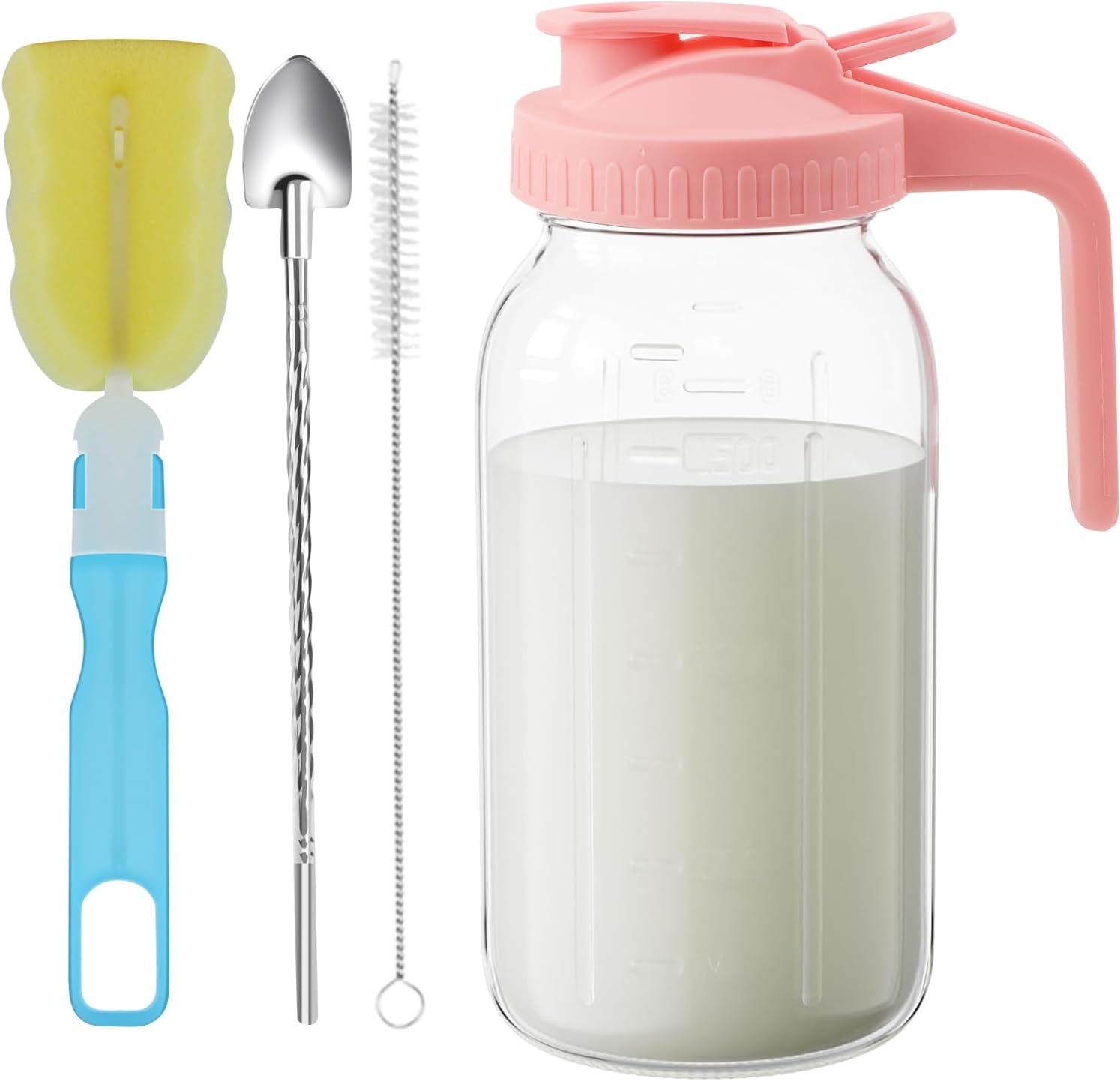 32oz Glass Pitcher with Lid &Pour Spout - 1 Quart Breastmilk Pitcher Double Leak Proof, Creamer Container for Sun Tea, Juice, Cold Brew Coffee, Breastmilk Storage Container -Pink Lid
