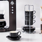 2.5 Ounce Porcelain Espresso Cups with Saucers and Silver Stand, Black Stackable Cups Set of 4
