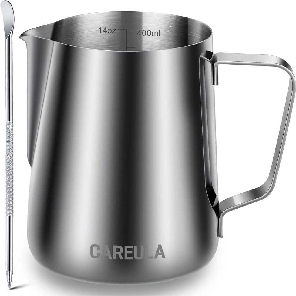 Milk Frothing Pitcher, 14oz 400ml Stainless Steel Milk Frother Cup Steaming Pitcher, Coffee Bar Cappuccino Espresso Machine Accessories Barista Tools, Metal Milk Jug with Latte Art Pen
