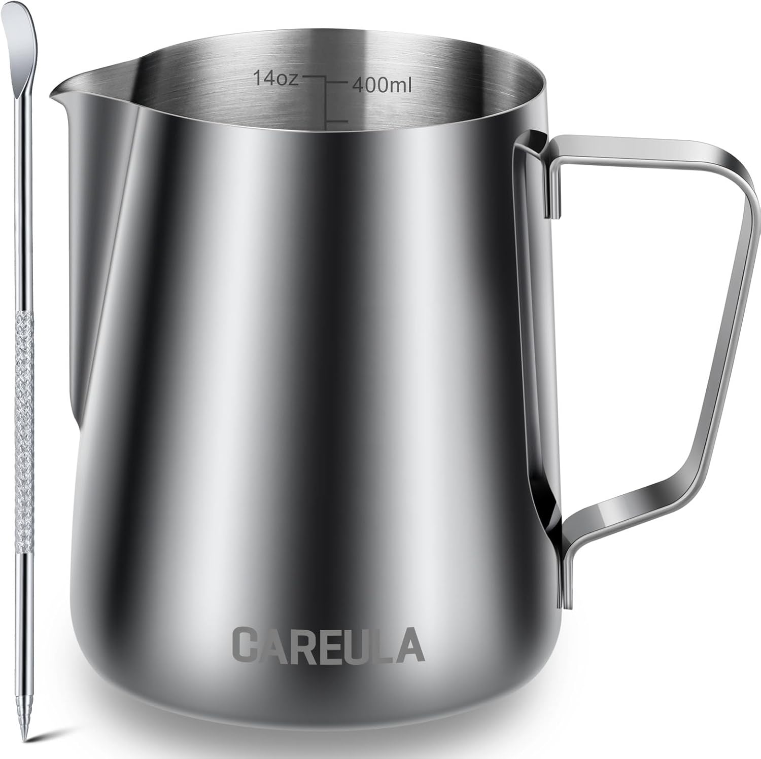 Milk Frothing Pitcher, 14oz 400ml Stainless Steel Milk Frother Cup Steaming Pitcher, Coffee Bar Cappuccino Espresso Machine Accessories Barista Tools, Metal Milk Jug with Latte Art Pen