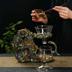 Glass Teapot Set with Infuser Semi Automatic Dragon Tea Set with 6 Small Cups (golden dragon-b)