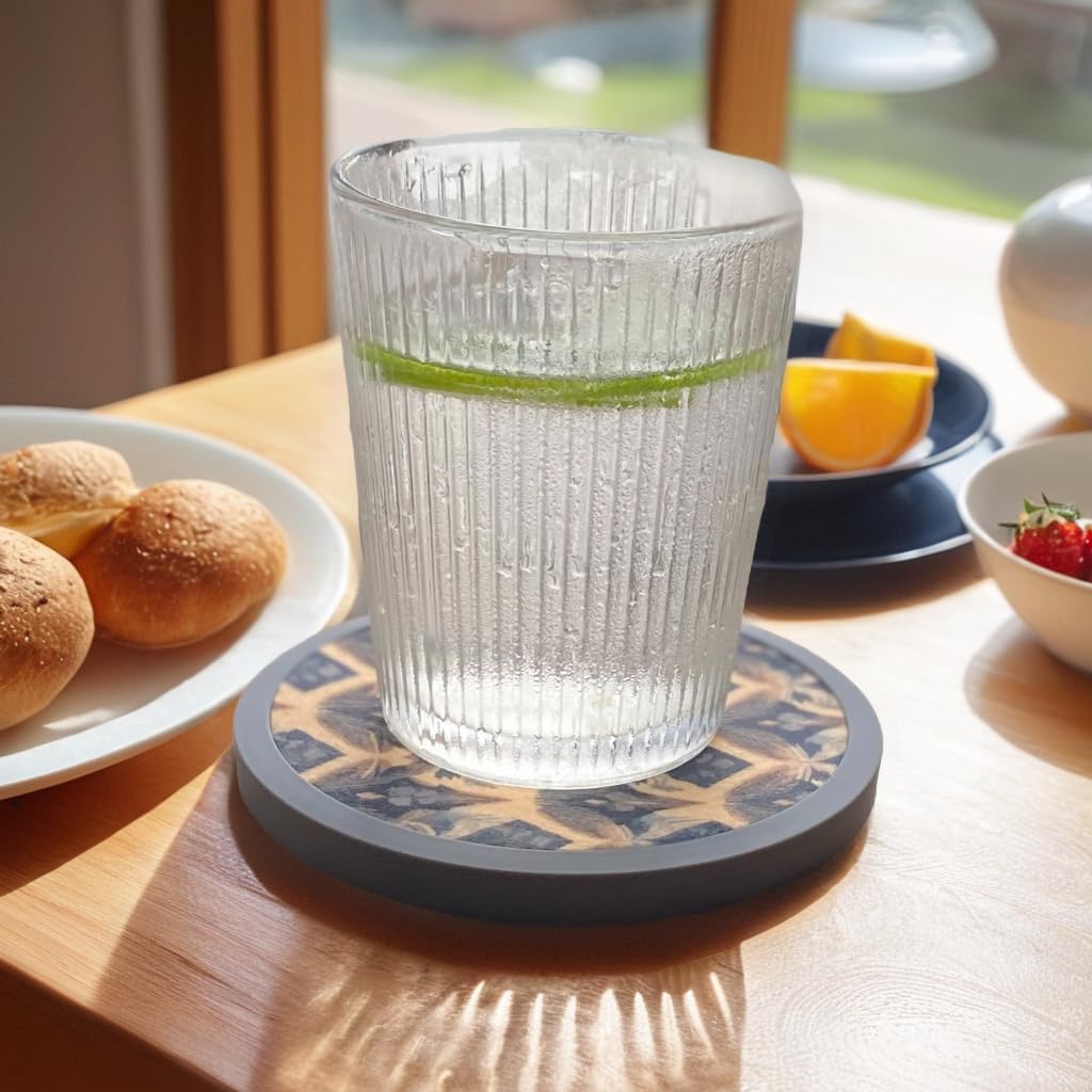 Absorbent Coasters for Drinks with Holder - 6packs, Silicone Coaster with Soft Felt Insert (4.3 inch Coasters with 4.5 inch Holder, Dual-Sided Ears of Wheat Artistry)