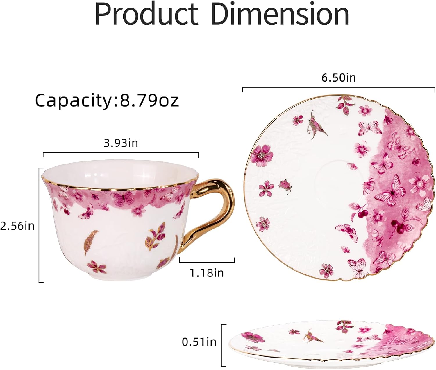 KAMMAK Tea Cups and Saucers Set of 2, Reinforced Porcelain Coffee Cups, 8.5-Ounce Stackable Espresso Mugs, Ceramic Demitasse for Coffee, Cappuccino, Latte, Americano, Tea, Colorful + Butterfly