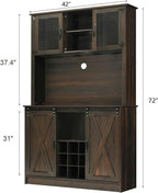 4ever2buy 72" Farmhouse Coffee Bar Cabinet with 2 Glass Doors & 9 Wine Racks, Tall Hutch Cabinet with Storage, Wine Bar with 4 Row Metal Glass Holder, Dark Oak