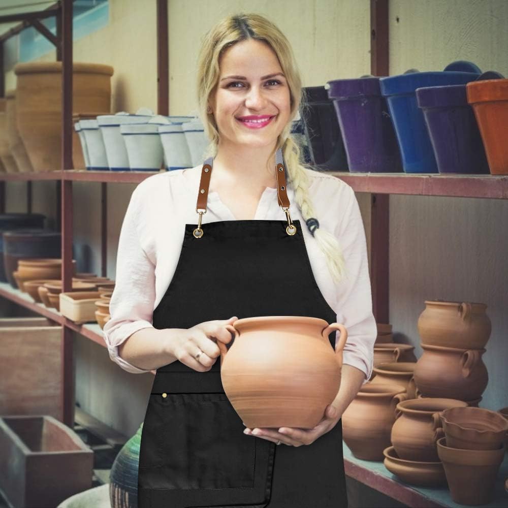 Mignongirl Crossback Apron with Pockets x2,Split Apron with Adjustable Straps,M-XXL