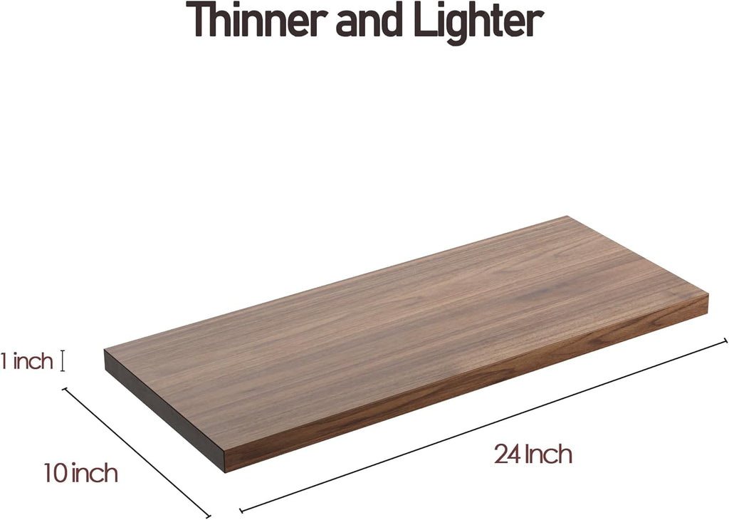 Wall Shelf Set of 2, Walnut Floating Shelves 24 in W x 10 in D x 1 in H, Wooden Floating Wall Shelf with Invisible Brackets for Living Room/Bedroom/Bathroom/Kitchen Storage and Decor