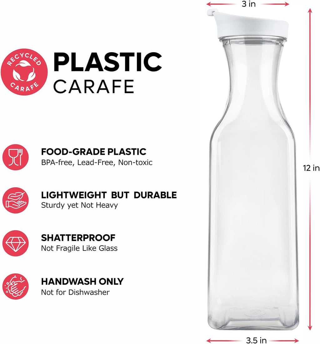 GUSTO [50 oz - 8 Pack] Plastic Carafe with Lid, Large Capacity Square Base - Clear Pitcher with Flip Top Lid, Easy-Pour Spout Juice Containers with Lids - Perfect for Mimosa Bar, Water, and Cold brew