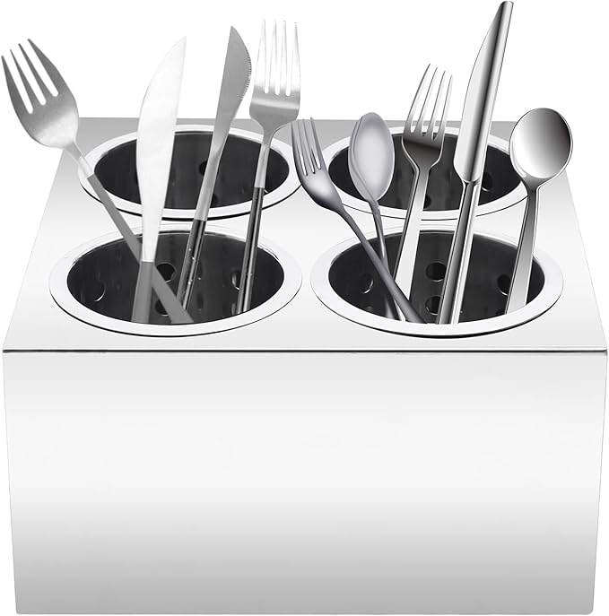 DYNAMI Stainless Steel Kitchen Utensil Holder with 4 Compartments,Commercial Silverware Sorter Silverware Utensil Holder,Perforated Caddy Drying Rack Flatware Organizer Countertop,for Buffets