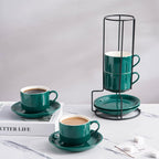YOLIFE 8oz Porcelain Stackable Cappuccino Cups with Saucers and Metal Stand Set of 4, Coffee cups for Espresso, Specialty Coffee Drinks, Latte, Americano and Tea - Green