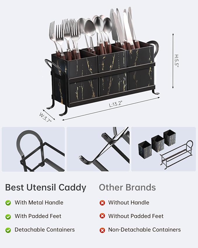 Classic Farmhouse Kitchen Organizer - Exquisite Black Gold Marble Metal Silverware Caddy, 3 Spacious Compartments, Ideal for Cutlery, Cooking Tools & More
