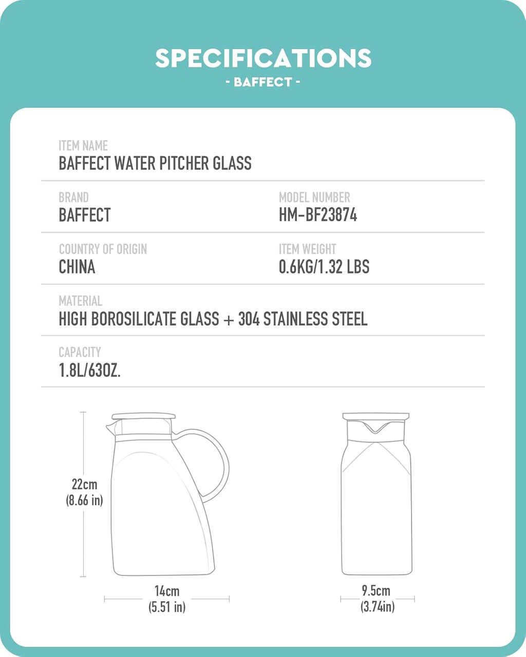 Baffect Water Pitcher, High Borosilicate Glass Jug with Stainless Steel Lid, Leakproof Fridge Door Carafe for Hot or Cold Beverage Vertical Pattern (1.8 L/63 oz.)