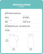 Baffect Water Pitcher, High Borosilicate Glass Jug with Stainless Steel Lid, Leakproof Fridge Door Carafe for Hot or Cold Beverage Vertical Pattern (1.8 L/63 oz.)