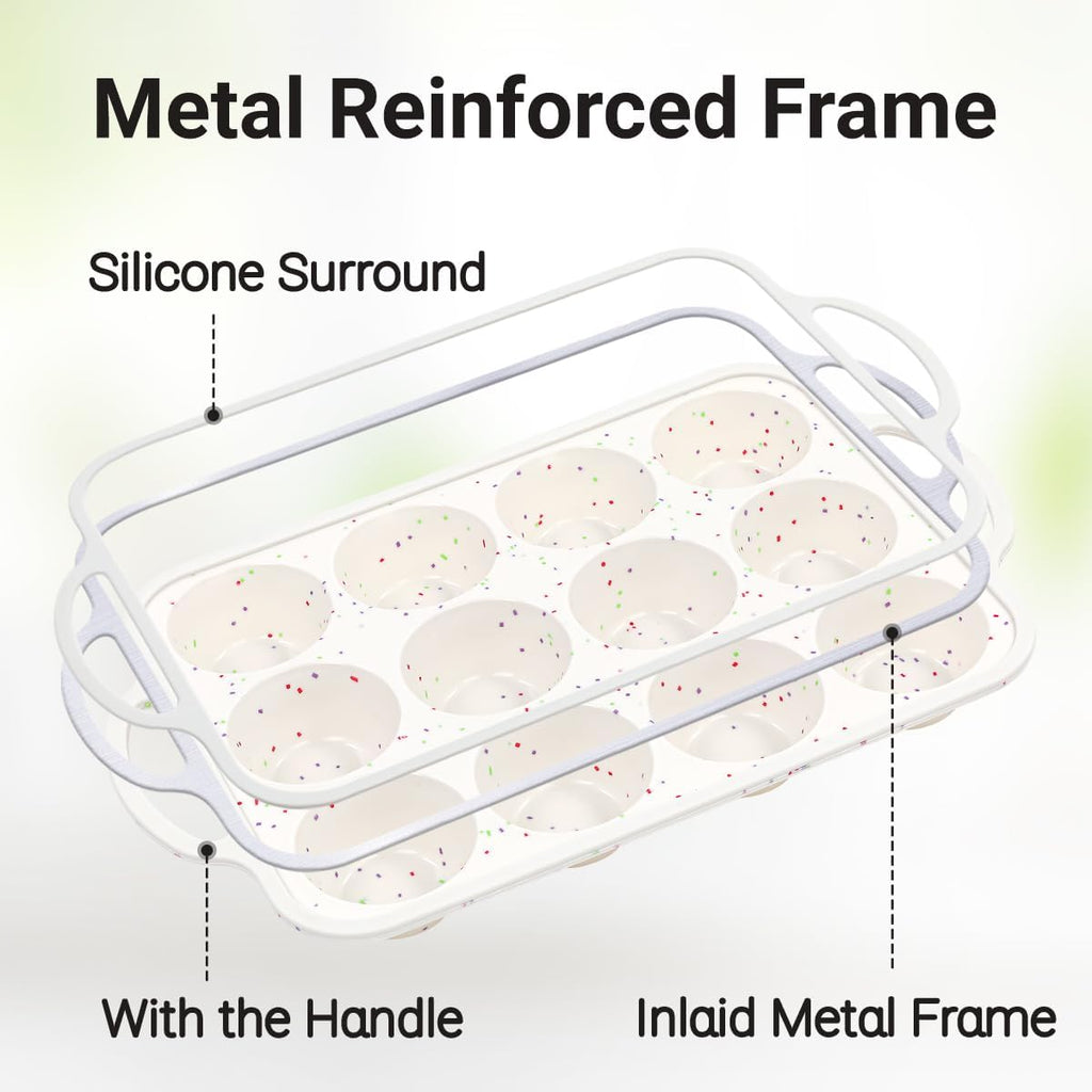 FUNBAKY Silicone Muffin Pans for Baking, Metal Reinforced Frame 12 Cups Regular Size Silicone Cupcake Pan Nonstick Muffin Tin for Baking Muffin, Cupcake, Frittatas,BPA Free, Dishwasher Safe
