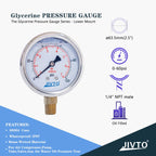 Pressure Gauge,Glycerin Liquid Filled,2-1/2" Dual Scale Dia,0-100 psi/bar/kpa,1/4" NPT Male Brass Connection,Lower Mount, Stainless Steel Case, Pneumatic,Pump,Hose,Well Tank,Gas Air Water Oil