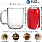 Aquach Glass Mugs 20 oz Set of 2, Extra Large Clear Glass Cup with Handle for Hot/Cold Coffee Tea Beverage, Drinking Glasses