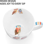Cute Owl Coffee Mug, 20 oz Premium Bone China Mug with Charming Owls in Color Scarves and Hats—Cozy, Wise, and Perfect for Bird Enthusiasts, Designed in England by Harvest Green Studio