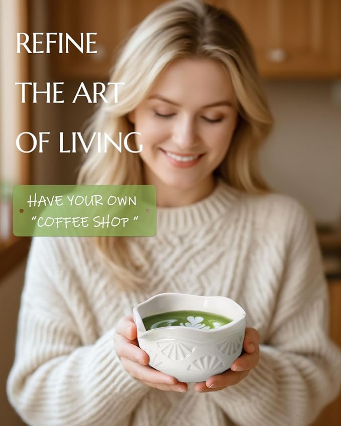 Matcha Whisk Set, Ceramic Matcha Set Includes Bowl with Spout, Whisk and Holder, Bamboo Scoop, Sifter and Tea Towel - 6 Pcs Matcha Kit Gift for Matcha Lovers (White)