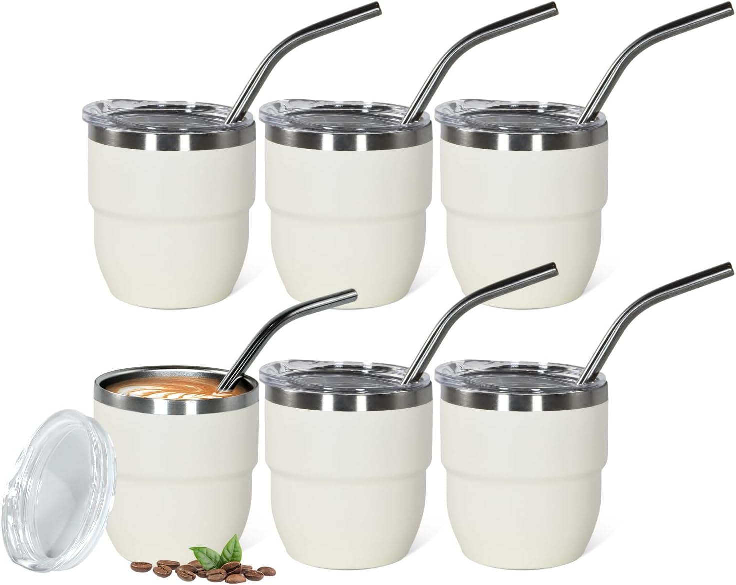 4oz Stackable Cup, Vacuum Insulated Espresso Cup Set of 6, Espresso Shot Glass for Coffee, Double Wall Stainless Steel Mini Tumbler Shot Glasses with Straw and Lid (A-white6P, 4oz)