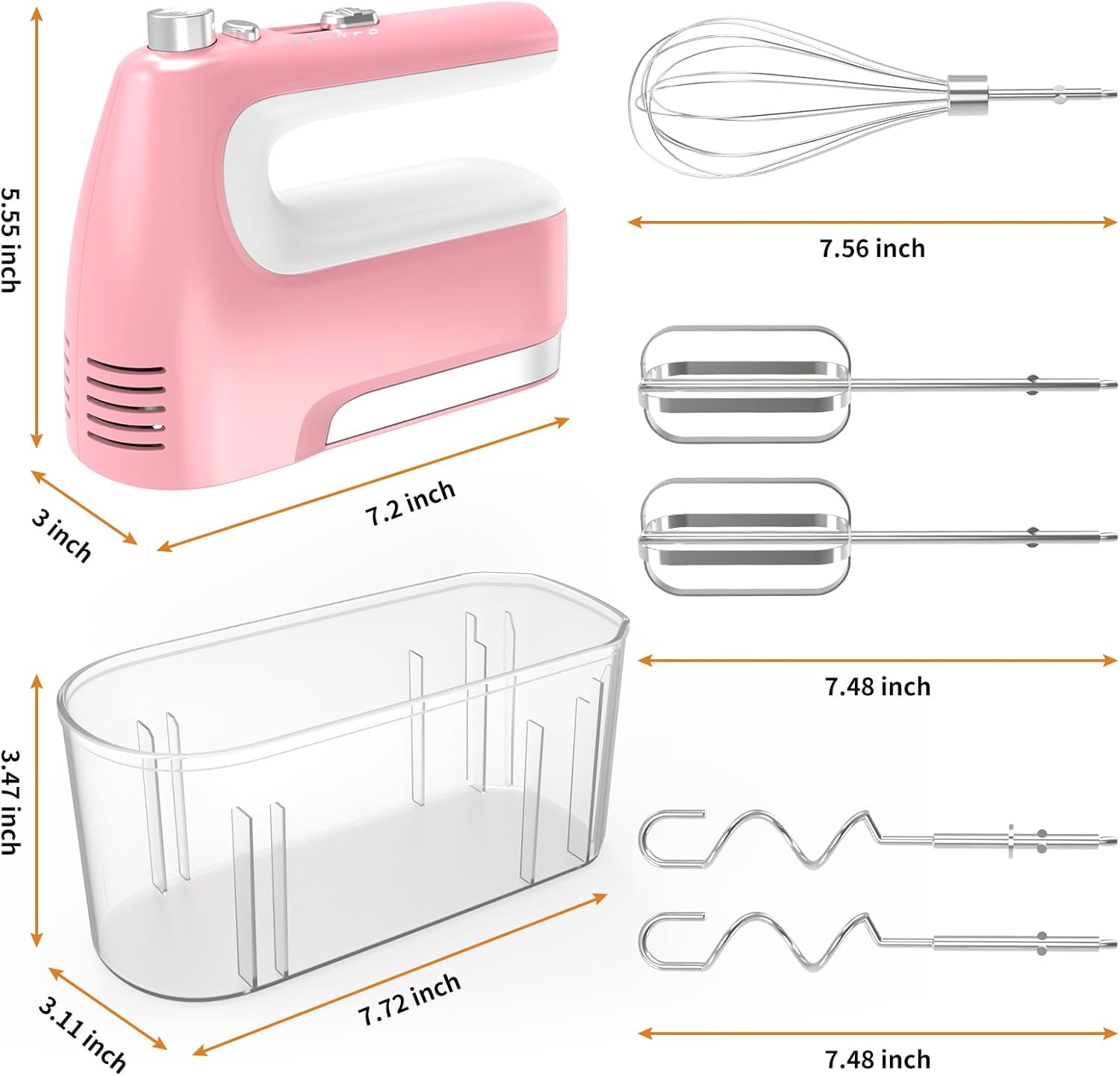 CBQ Hand Mixer Electric, 5-Speed 400W Powerful Motor, Hand Mixer Electric Handheld with Storage Case, Turbo Boost and 5x Accessories, Flat Beaters, Dough Hooks, Whisk (Pink)