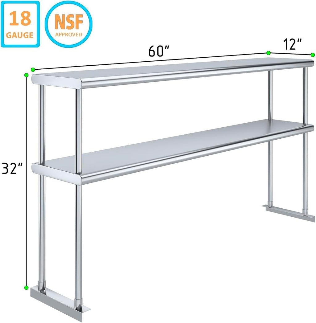 NSF Certified 18 Gauge Heavy Duty Stainless Steel Double overshelf with Brackets for Kitchens, Utility Rooms, Storage, Offices & Home