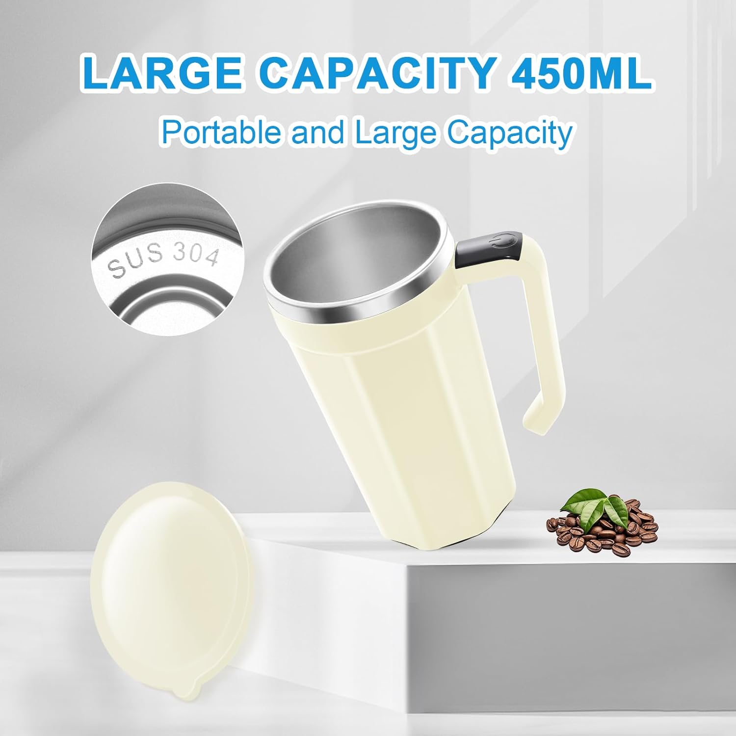 Self Stirring Coffee Mug with Temperature Display, 15oz Automatic Magnetic Mixing Cup, Rechargeable Travel Mug for Coffee, Milk, Cocoa - (White)