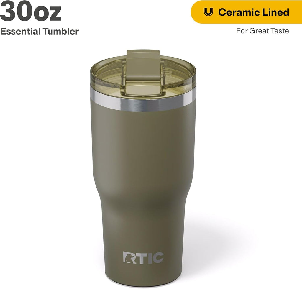 RTIC 30oz Essential Tumbler with Lid, Insulated, Stainless Steel, Metal, Double Wall Vacuum-Insulation, Ceramic Lined, Travel Cup for Iced Coffee, Tea, Hot and Cold Drink, Olive