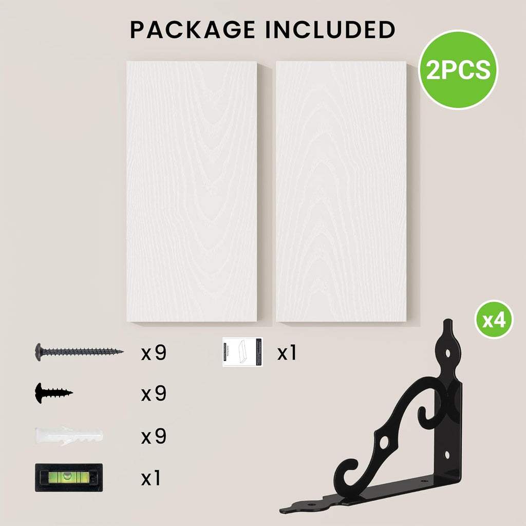 RICHFOCUS Floating Shelves for Wall Decor, 8 Inch Deep Wall Shelves Set of 2, 16W x 8D White Floating Shelves Wall Mounted with Metal Brackets, Rustic Wood Shelves for Living Room Bedroom Kitchen