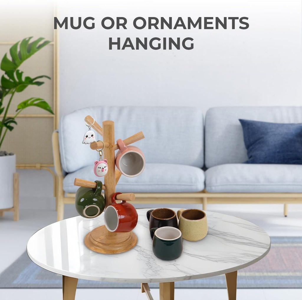 Pack 2 Mug Tree 6 Hooks Rubberwood 13.5"x7"x7", Strudy & Thick Base, Large & Small Cup Holder Tree Wooden for Jewelry, Kitchen Tools, Pantry, Ornaments, Countertop, Table Organizer (Black)