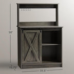 4ever2buy Farmhouse Coffee Bar Cabinet with 6 Hooks, 50'' Kitchen Buffet Hutch Cabinet with Sliding Barn Door, Small Coffee Bar Table with Hutch for Dining Living Room, Wash Gray
