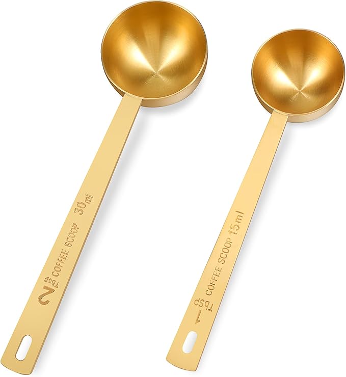 2 PCS Gold Measuring Spoons, 15 Ml and 30 Ml Stainless Steel Coffee Spoons Set Coffee Scoop for Ground Coffees, Long Handle Tablespoon Measuring Spoon for Milk Sugar Protein Brewin Gold Tea Spoon