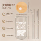 Mom Gifts - Mama Bear 16 Oz Can Glass Tumbler with Bamboo Lid and Straw - Iced Coffee Cups for Women, Aesthetic Glass Cup Gift for Birthday Christmas Mother's Day