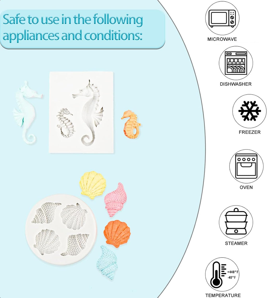 Ocean Chocolate Fondant Mold Set Food-Grade Silicone Baking Molds with Shell, Starfish, Seashell Beach Life Phrases, Reusable for Under the Sea Cakes, Cupcakes & Party Treats - 8 Pack