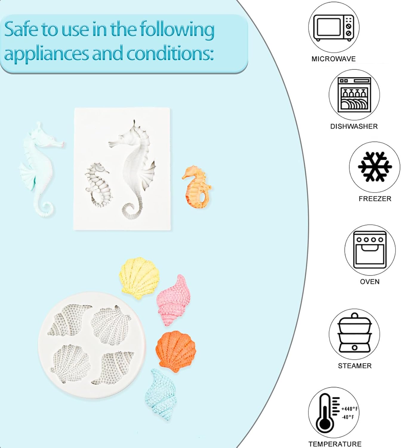 Ocean Chocolate Fondant Mold Set Food-Grade Silicone Baking Molds with Shell, Starfish, Seashell Beach Life Phrases, Reusable for Under the Sea Cakes, Cupcakes & Party Treats - 8 Pack