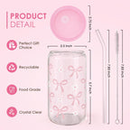 SANDJEST Bow Glass Can, Bows Cup with Lid & Straw, Iced Coffee Aesthetic Cups, Idea Gift for Christmas Birthday Mother Day, Gifts for Women, 16oz