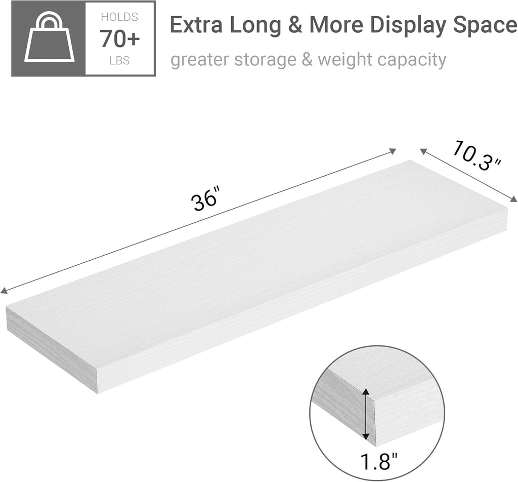 Vivelove 10 inches Deep Floating Shelves 36 inch Long, Wall Shelves Heavy Duty 70 lbs for Bedroom, Bathroom, Living Room, Kitchen, Office, Modern Shelf Home Decor with Invisible Bracket, White