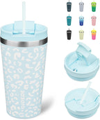 BJPKPK 18oz Tumbler With lid And Straw Stainless Steel Travel Coffee Mug Insulated Tumblers Cups,Light Blue Leopard