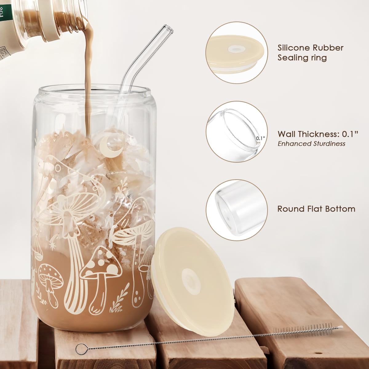 Mushroom 16oz Can Glass Tumbler with Acrylic Lid & Straw, Iced Coffee Cup for Women, Aesthetic Cups Gifts for Birthday Christmas