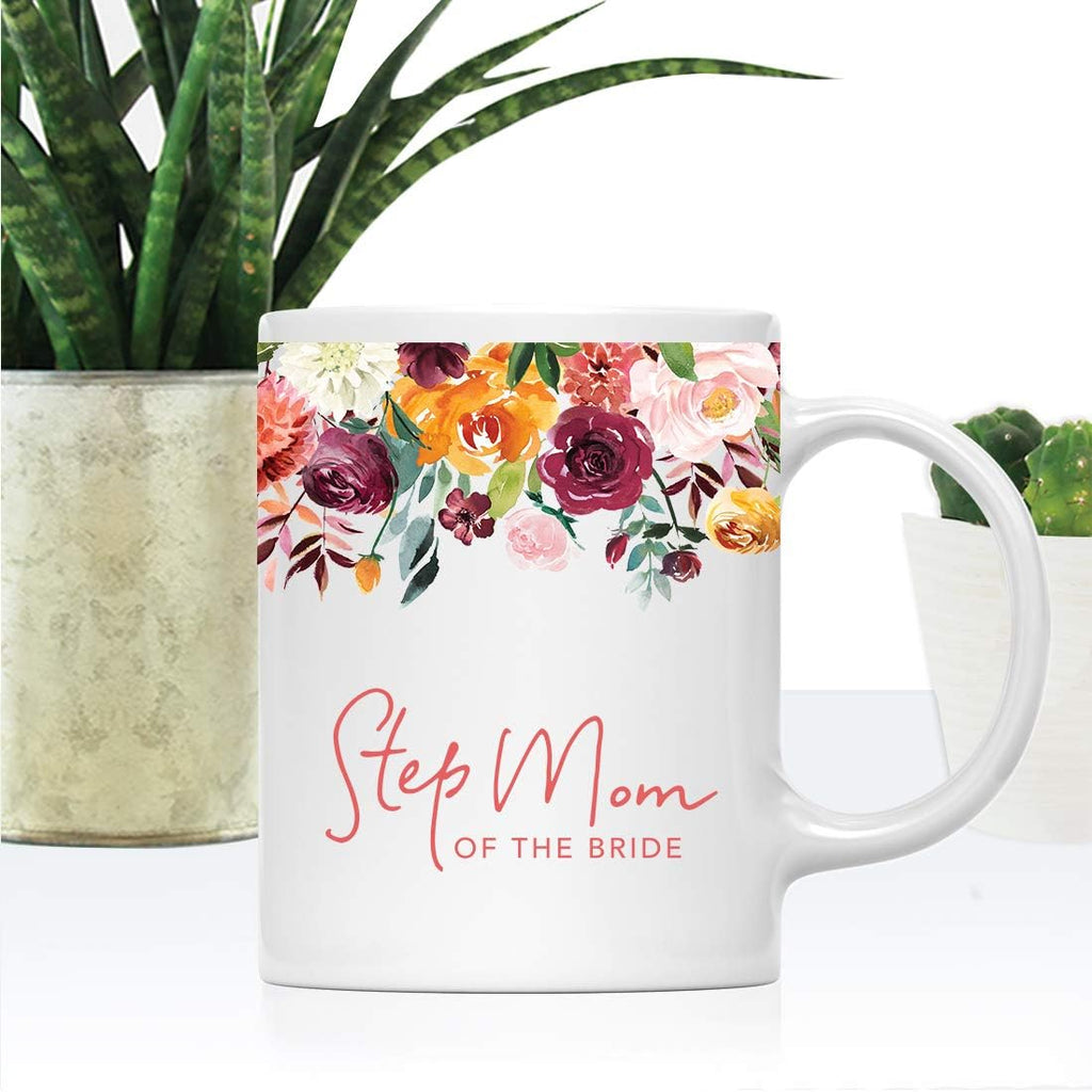 Andaz Press 11oz. Wedding Ceramic Coffee Tea Mug Gift, Fall Autumn Burgundy Orange Peach Flowers Roses Florals, Step Mom of the Bride, 1-Pack, Includes Gift Box