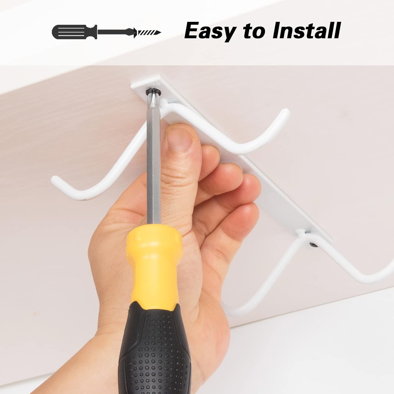 Cabinet Hook Mug Holder - Hanging Coffee Cup Rack for Kitchen, Under Cabinets Metal Hangers Organizer Shelf Storage Utensil (White)