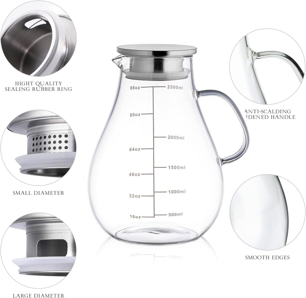 Glass Pitcher with Lid,88 Ounces -2500ml with Precise Scale Line, Hot/Cold Water Jug, Juice and Iced Tea Beverage Carafe with Lid
