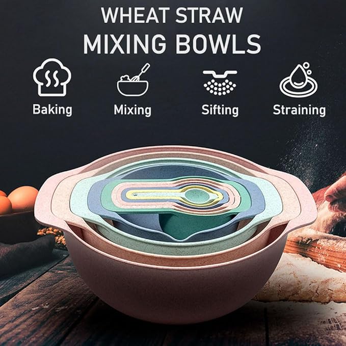 Plastic Mixing Bowls Set 8/10 PCS with Measuring Spoon, Colorful Serving Bowls for Kitchen, Ideal for Baking, Prepping, Nesting Bowls for Space Saving Storage (Soft Breeze)